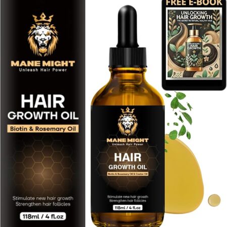 Mane Might Hair Growth Oil – Hair Loss Treatment with Rosemary, Castor, Jojoba, Argan & Tea Tree Oil – 100% Natural Formula for Hair Growth & Thickness – 118ml