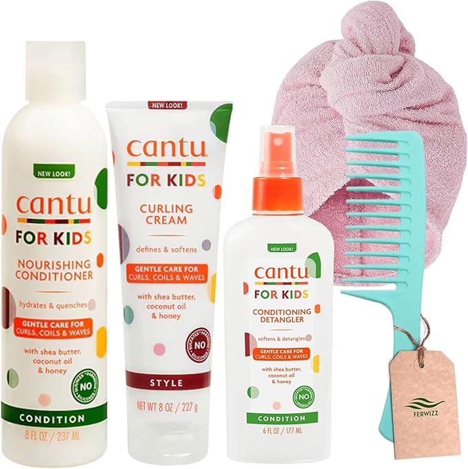 Kids Conditioning Curly Hair Bundle with Cantu Curling Cream 227g Detangling Spray 177ml and Cantu Kids Conditioner 237ml and Ferwizz Wide Tooth Comb and Microfibre Hair Wrap